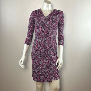 TALBOTS work dress Stretch Floral Faux Wrap dress  P petite pink black no iron